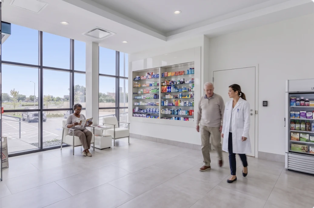 A HealthCo pharmacist walking with a customer through the pharmacy